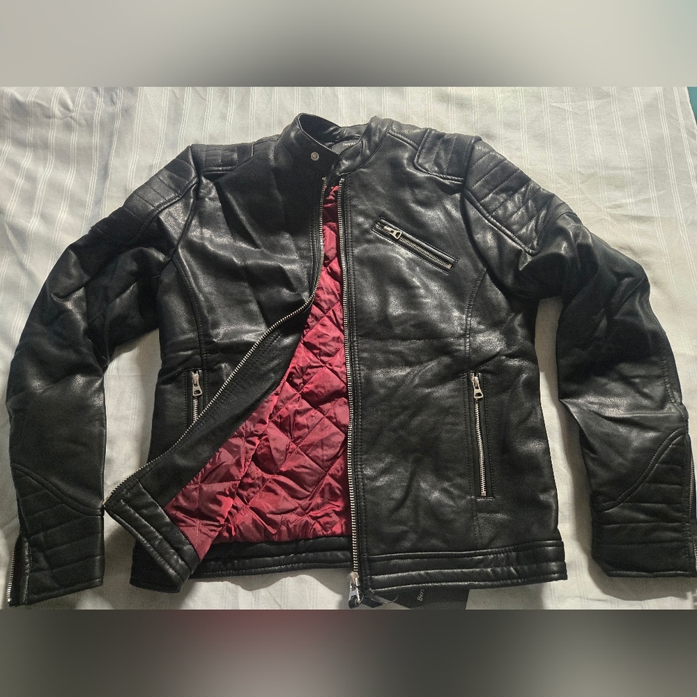 NWT Bershka Women's Black Faux Leather Biker Jacket with Red Quilted Lining L